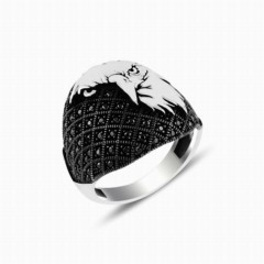 Eagle Motif Black Micro Stone Silver Ring 100347878
