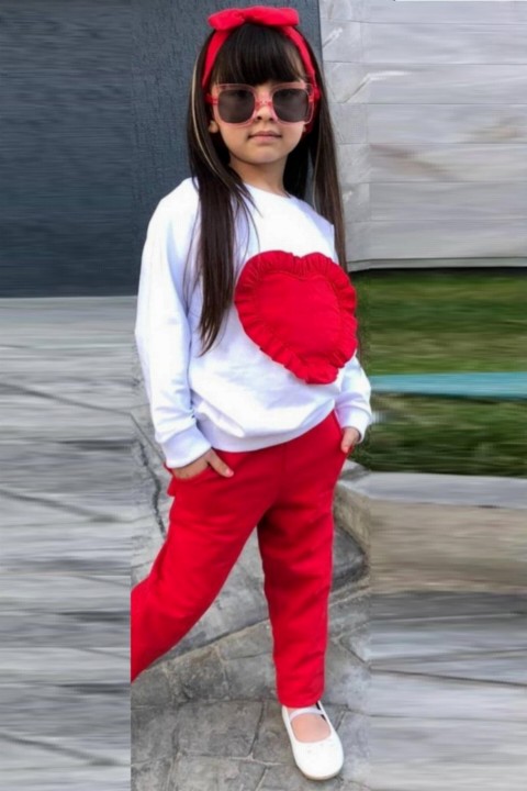 Girl's Frilly Heart Printed Bandana Red Tracksuit Suit 100330972
