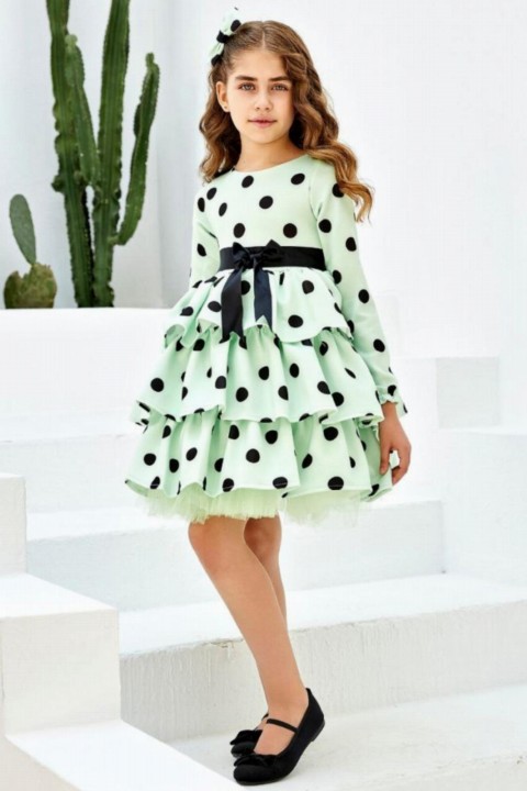 Girl's Waist Ribbon Detailed Layered Polka Dot Green Evening Dress 100326984