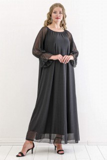 Evening Dress - Plus Size Sleeve Tulle Full Polka Dot Detailed Long Evening Dress Black 100276328 - Turkey