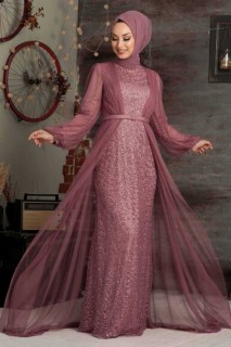 Evening & Party Dresses - Dusty Rose Hijab Evening Dress 100300195 - Turkey