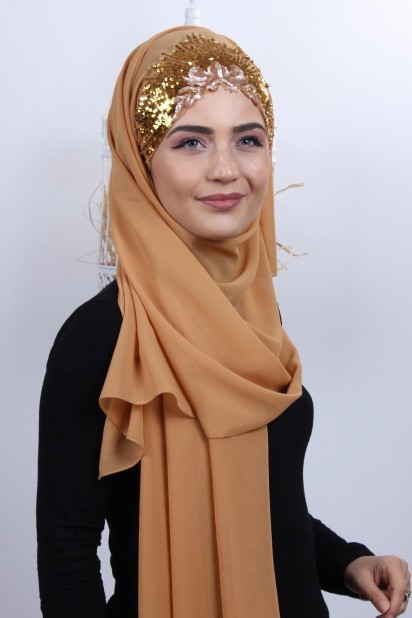 Ready to wear Hijab-Shawl - طرح پرنسس شال طلایی خردلی - Turkey