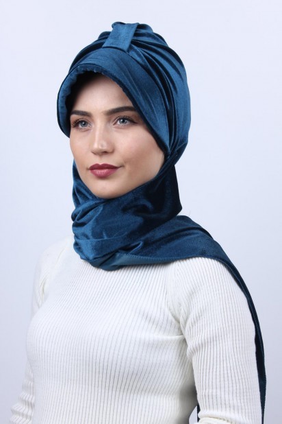Woman - Bonnet Châle Velours Bleu Pétrole - Turkey