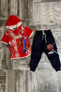 Boy Clothing - Boy Spider-Man Printed Hooded Short Sleeve Red Tracksuit Suit 100327181 - Turkey