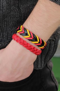 Bracelet - Knitted Yellow Red Color Leather Men's Bracelet Combination 100318714 - Turkey