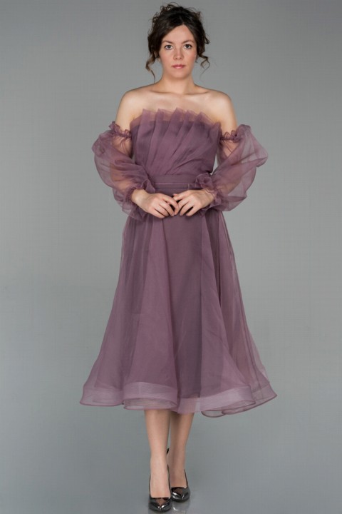 Wedding & Evening - Abiyefon Midi Robe De Soirée Sans Bretelles Avec Accessoires De Manches 100296683 - Turkey