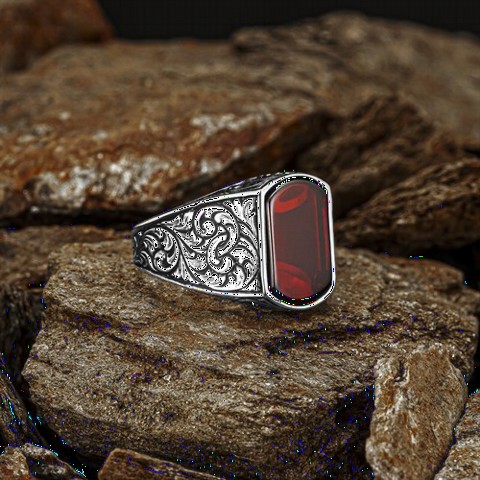 Agate Stone Rings - Pen Embroidered Red Agate Stone Silver Ring 100349766 - Turkey