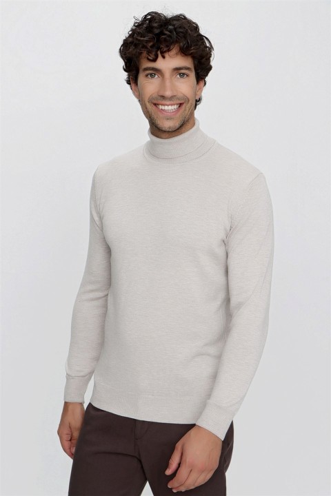 Men's Beige Basic Dynamic Fit Relaxed Fit Full Turtleneck Knitwear Sweater 100345150