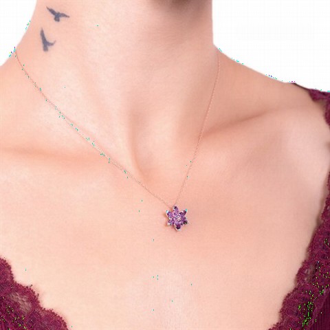 Other Necklace - Purple Color Lotus Model Silver Necklace 100347469 - Turkey