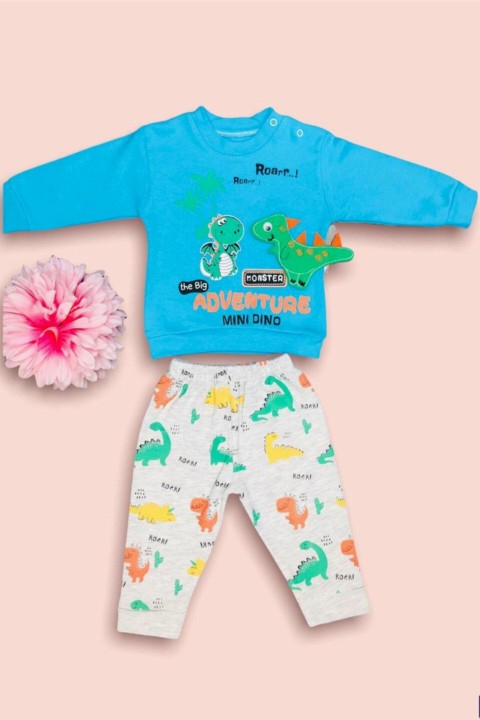 Baby Boy Clothes - Baby Boy Dinosaur Printed Turquoise Top Set 100326965 - Turkey