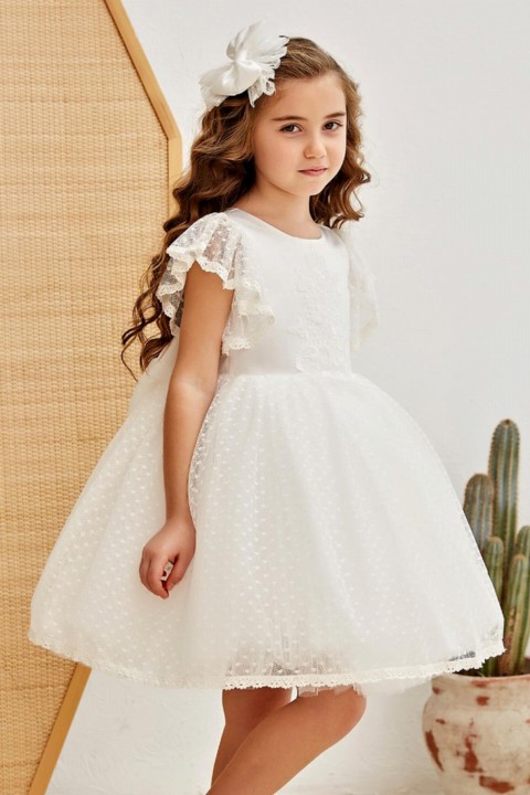Girl's Sleeves Ruffled Front Lace and Skirt Fluffy Tulle White Dress 100327679