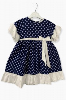 Outwear - Girl Ruffle Detailed Waist Bow Polka Dot Short Sleeve Navy Blue Dress 100327243 - Turkey