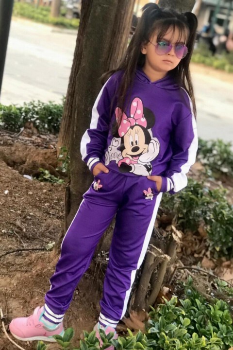 Boys Stripe Detailed Hooded Minnie Mouse Purple Tracksuit Suit 100327144