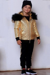 Kids - Glänzende Felljacke für Mädchen Schwarzer Trainingsanzug 100328726 - Turkey