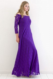 Large Size Elastic Neck Full Lace Detailed Evening Dress Graduation Dress Purple 100342734