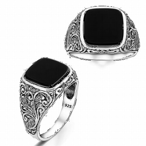 Pen Embroidered Black Onyx Stone Silver Ring 100349150