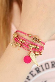 Woman - Multi Women's Leather Bracelet with Pink Pompom and Metal Accessories 100328796 - Turkey