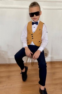 Boy Clothing - Boy's Letter Detailed Pocketed Bowtie Mustard Top and Bottom Set 100328546 - Turkey