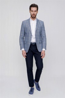 Jacket - Men's Blue Linen Woven Plaid Checkered Dynamic Fit Casual Fit 6 Drop Jacket 100350887 - Turkey