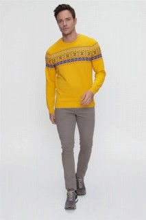 Men's Mustard Yellow Crew Neck Cotton Jacquard Knitwear Sweater 100345127