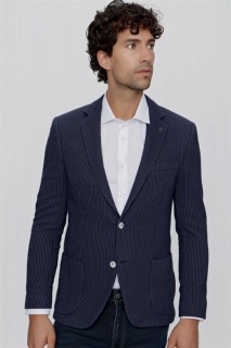 Men's Navy Blue Knitted Striped Slim Fit Slim Fit Bag Pocket Jacket 100350944