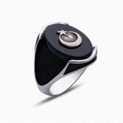 Moon Star Rings - Crescent and Star Dot Patterned Silver Ring on Black Onyx Stone 100347956 - Turkey