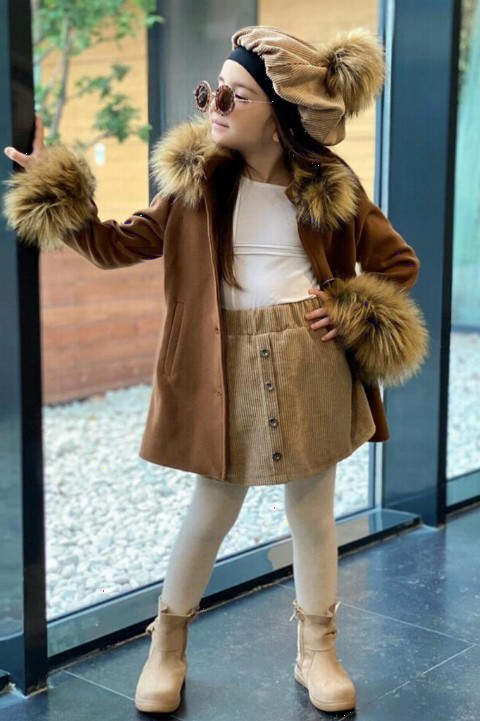 Coat, Trench Coat - Girl's Velvet Skirt Collar Shearling Faux Fur Coat Beret Brown Skirted Suit 100351615 - Turkey
