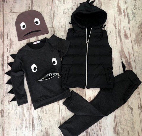 Boy Inflatable Vest and Beret Dino 4-Piece Gray Tracksuit Suit 100330973