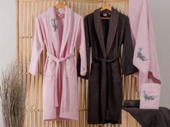 Set Robe - Cotton Box Embroidered 3d Bamboo Family Bathrobe Set Perla Pink Anthracite 100344792 - Turkey
