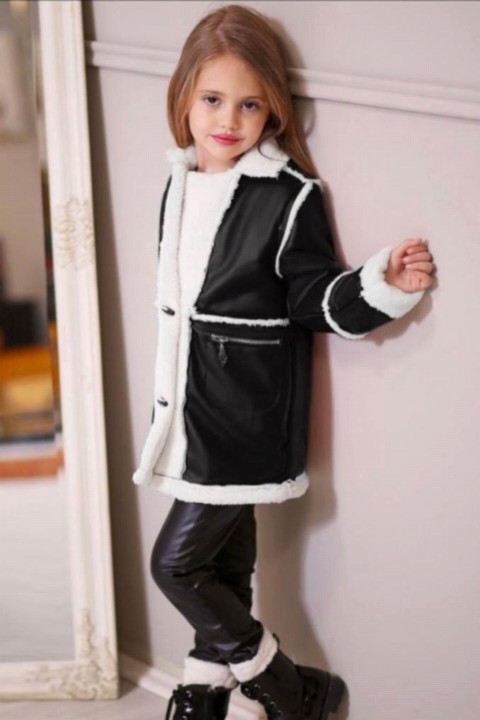 Girl's Plush Detailed Black Jacket and Leather Leggings Suit 100327143