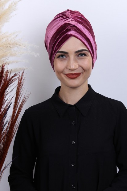 Woman Bonnet & Turban - Velvet 3-Striped Bonnet Dried Rose 100283005 - Turkey