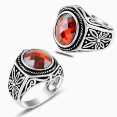 Zircon Stone Rings - Red Zircon Stone Side Flower Patterned Sterling Silver Ring 100347846 - Turkey