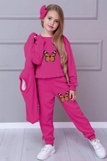 Tracksuits, Sweatshirts - Girl's Butterfly Printed Hooded 4-Piece Fuchsia Tracksuit Suit 100344680 - Turkey