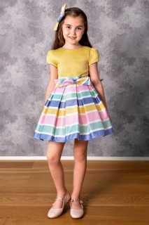 Outwear - Girl's Sleeve Ruffled Skirt and Colorful Striped Yellow Dress 100327812 - Turkey