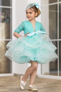 Evening Dress - Girls' Half Sleeve Skirt Fluffy Tulle Pulpayet Turquoise Evening Dress 100328477 - Turkey
